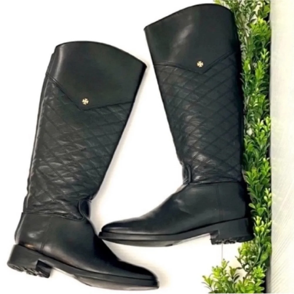 Tory Burch Claremont Black Quilted Leather Riding Boots Size 8